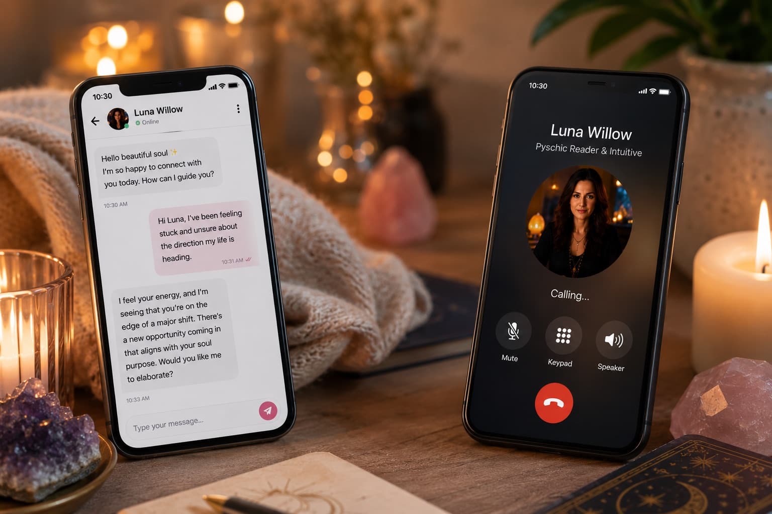 Two smartphones side-by-side comparing a live chat reading and a phone call reading with a psychic advisor.